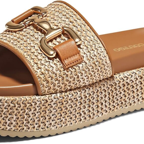 Women's Raffia Espadrille Platform Sandals Slip On Open Toe Beach Shoes - Picture 1 of 5